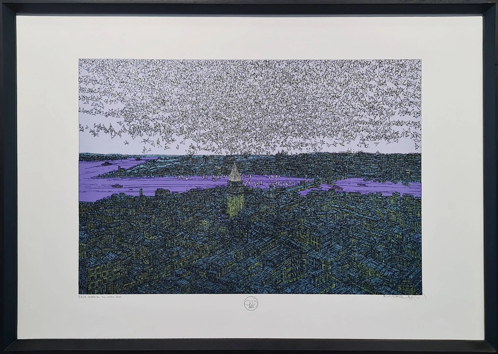"Galata'da Kuş Esintisi" eseri DEVRİM ERBİL tarafından 2023 yılında 70x100 cm ölçülerinde Serigrafi - EA/8 tekniği ile yapılmıştır.