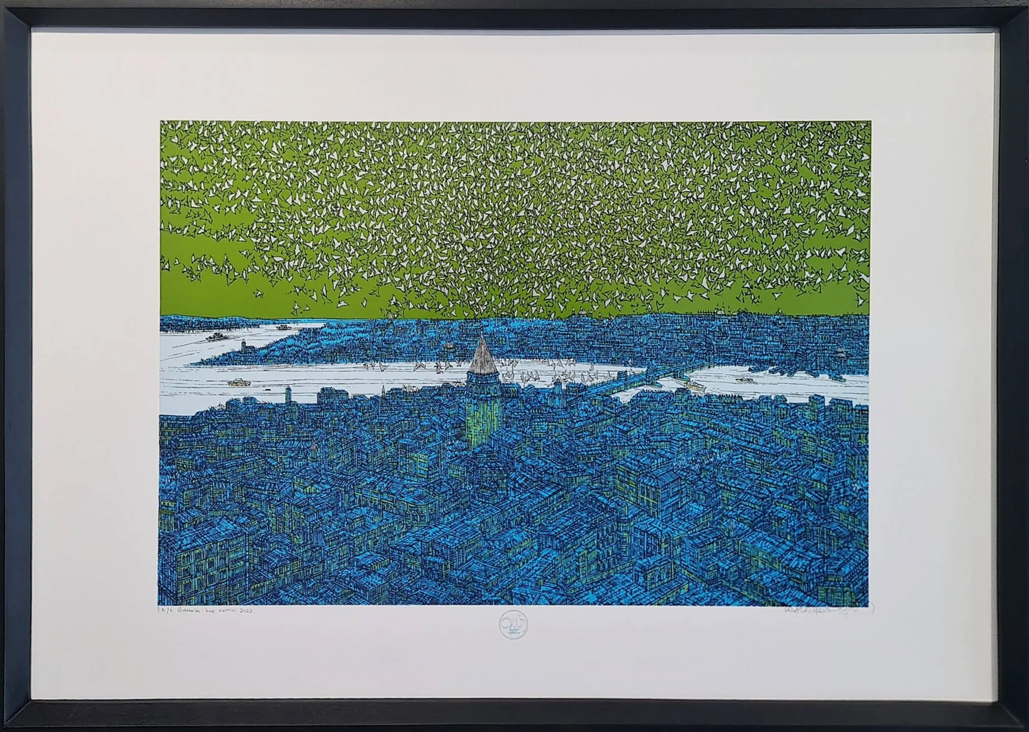 "Galata'da Kuş Esintisi" eseri DEVRİM ERBİL tarafından 2023 yılında 70x100 cm ölçülerinde Serigrafi - EA/6 tekniği ile yapılmıştır.