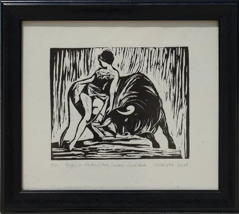 KAYIHAN KESKİNOK — “Boğa ve Kadın ( Zeus, Europa )”, 2008 "Boğa ve Kadın ( Zeus, Europa )" eseri KAYIHAN KESKİNOK tarafından 2008 yılında 21x26 cm ölçülerinde Linol Baskı tekniği ile yapılmıştır.