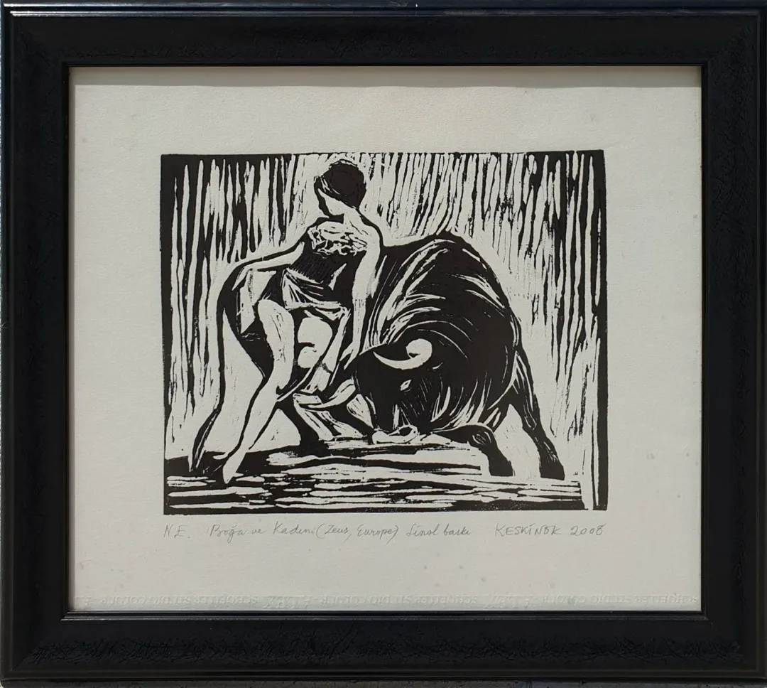 yakınlaştır "Boğa ve Kadın ( Zeus, Europa )" eseri KAYIHAN KESKİNOK tarafından 2008 yılında 21x26 cm ölçülerinde Linol Baskı tekniği ile yapılmıştır.