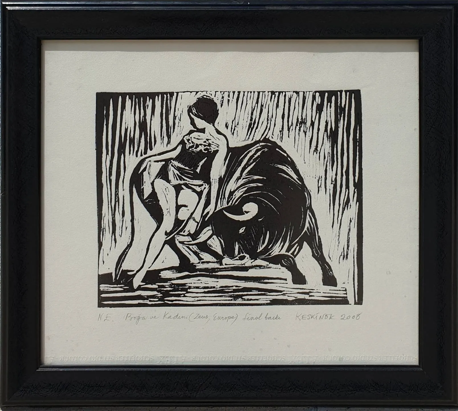 "Boğa ve Kadın ( Zeus, Europa )" eseri KAYIHAN KESKİNOK tarafından 2008 yılında 21x26 cm ölçülerinde Linol Baskı tekniği ile yapılmıştır.