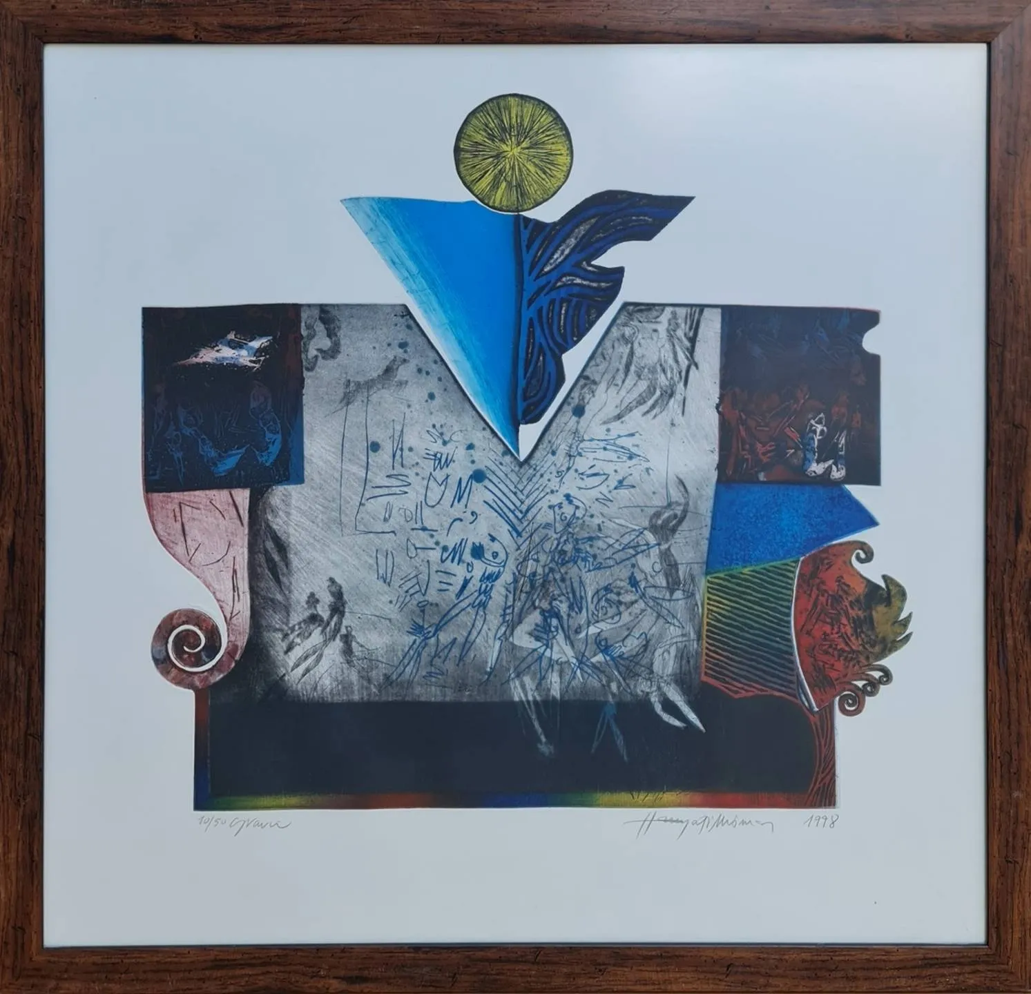 "isimsiz" eseri HAYATİ MİSMAN tarafından 1998 yılında 66x69 cm ölçülerinde Gravür 10//50 tekniği ile yapılmıştır.