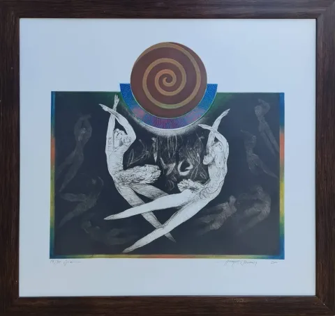 "isimsiz" eseri HAYATİ MİSMAN tarafından 2000 yılında 66x69 cm ölçülerinde Gravür 14/50 tekniği ile yapılmıştır.