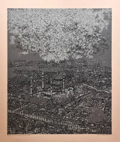 DEVRİM ERBİL — “İstanbul; Süleymaniye ve Kuşlar”, 2018 "İstanbul; Süleymaniye ve Kuşlar" eseri DEVRİM ERBİL tarafından 2018 yılında 80x70 cm ölçülerinde Serigrafi EA 4//15 tekniği ile yapılmıştır.