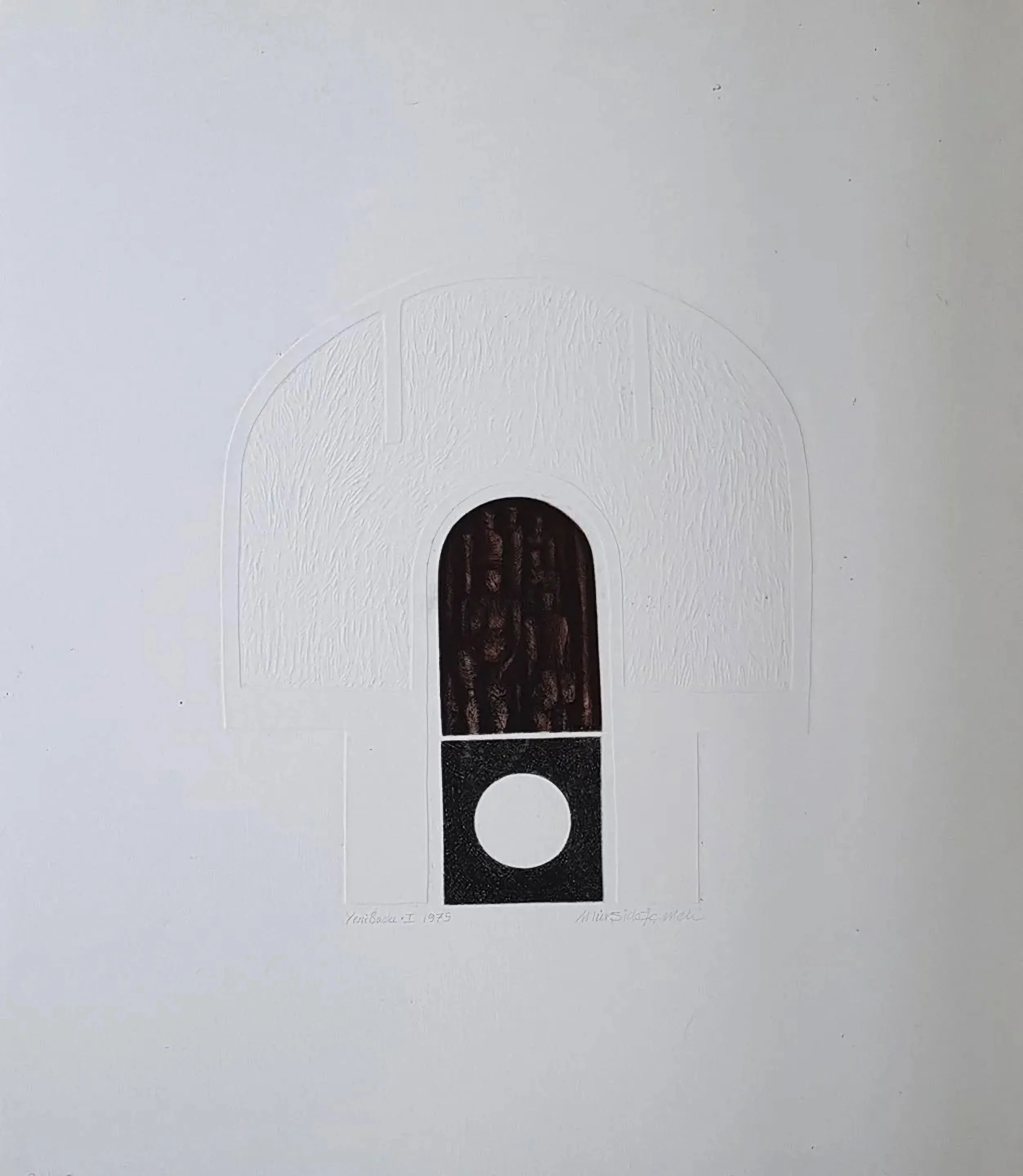 "isimsiz" eseri MÜRŞİDE İÇMELİ tarafından 1975 yılında 70x61 cm ölçülerinde Gravür Yeni Baskı -1 tekniği ile yapılmıştır.