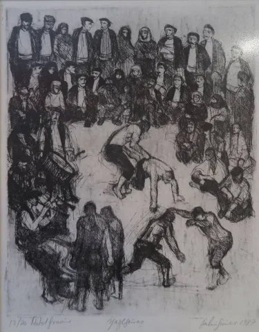 FAHRİ SÜMER — “Yağlı güreş”, 1987 "Yağlı güreş" eseri FAHRİ SÜMER tarafından 1987 yılında 34x28 cm ölçülerinde Gravür 13//20 tekniği ile yapılmıştır.
