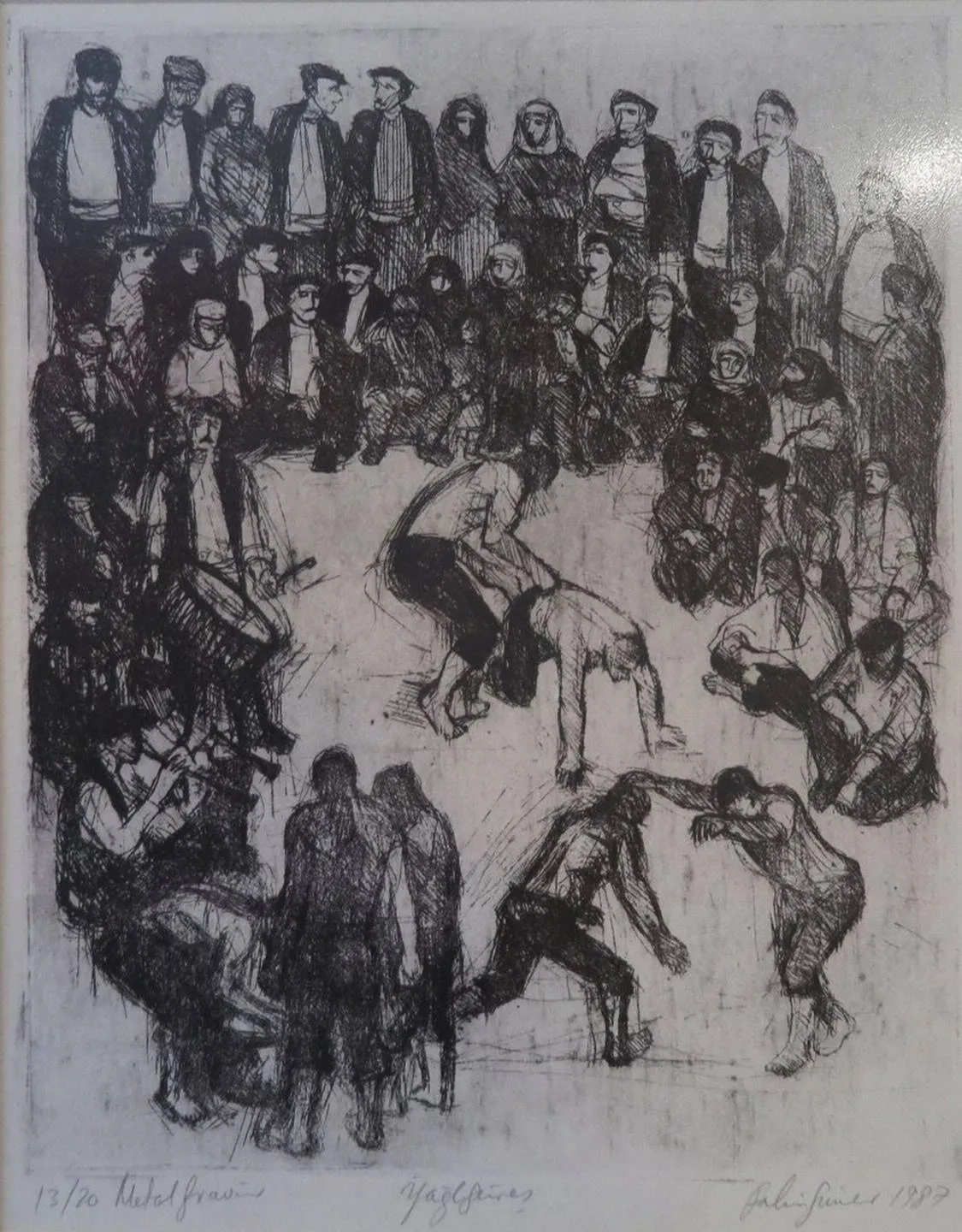 "Yağlı güreş" eseri FAHRİ SÜMER tarafından 1987 yılında 34x28 cm ölçülerinde Gravür 13//20 tekniği ile yapılmıştır.