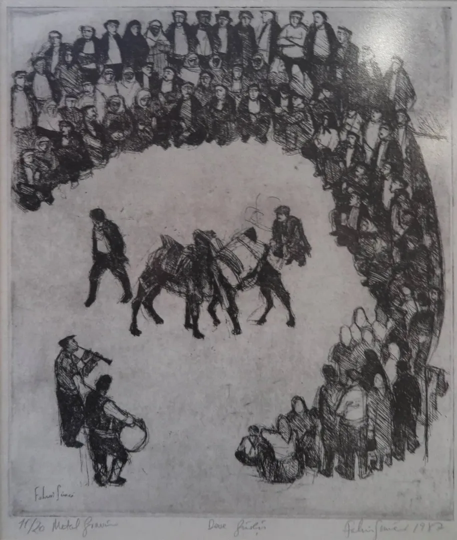 yakınlaştır "Deve Güreşi" eseri FAHRİ SÜMER tarafından 1987 yılında 34x28 cm ölçülerinde Gravür 11//20 tekniği ile yapılmıştır.