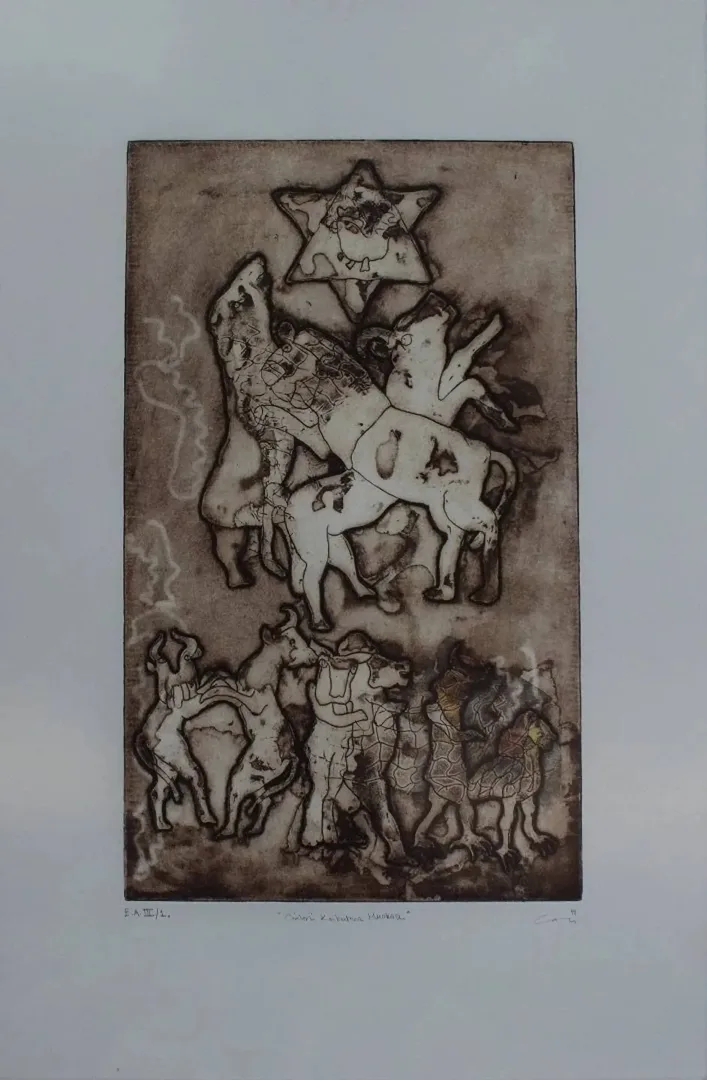 "Cinleri Korkutma Muskası" eseri CAN GÖKNİL tarafından 1999 yılında 50x30 cm ölçülerinde Baskı tekniği ile yapılmıştır.