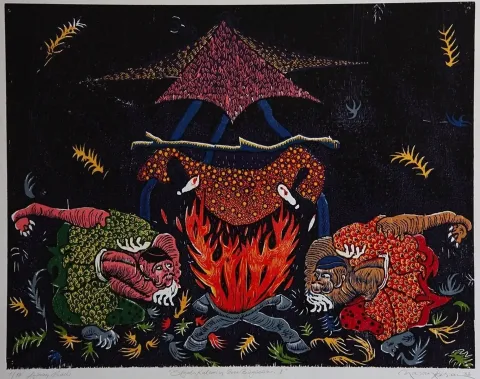 HASAN KIRAN — “Siyah Kalemin Gece Büyücüleri-I”, 2002 "Siyah Kalemin Gece Büyücüleri-I" eseri HASAN KIRAN tarafından 2002 yılında 74x95 cm ölçülerinde Ağaç Baskı tekniği ile yapılmıştır.