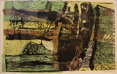 M. ZAHİT BÜYÜKİŞLİYEN — “isimsiz”, 1970 "isimsiz" eseri M. ZAHİT BÜYÜKİŞLİYEN tarafından 1970 yılında 43x69 cm ölçülerinde Linol Baskı tekniği ile yapılmıştır.