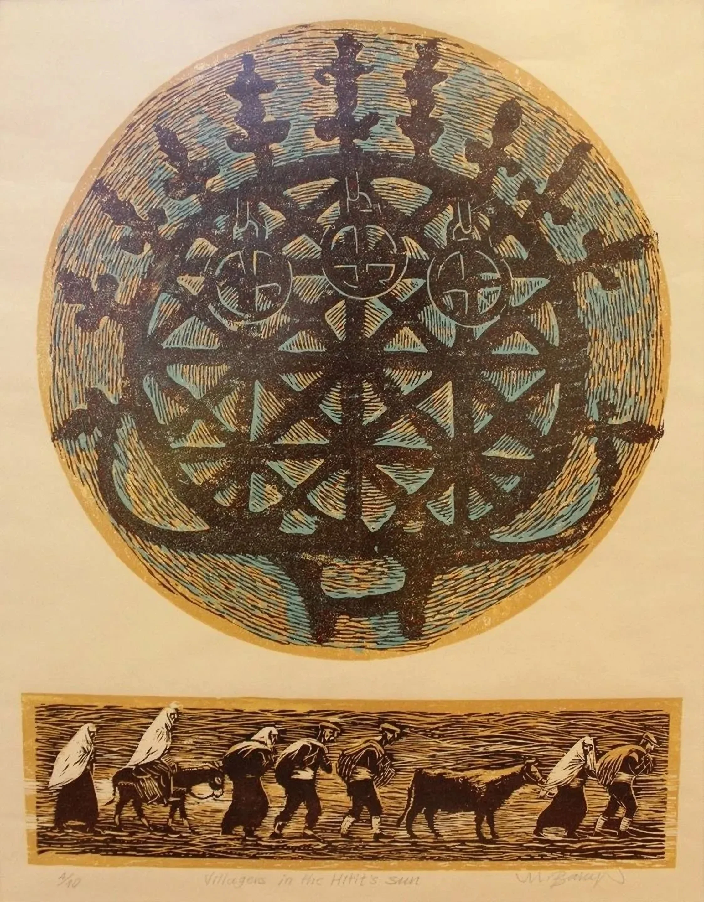 "Villagers in Hitit Sun" eseri MUAMMER BAKIR tarafından 52x40 cm ölçülerinde Baskı 4//10 tekniği ile yapılmıştır.