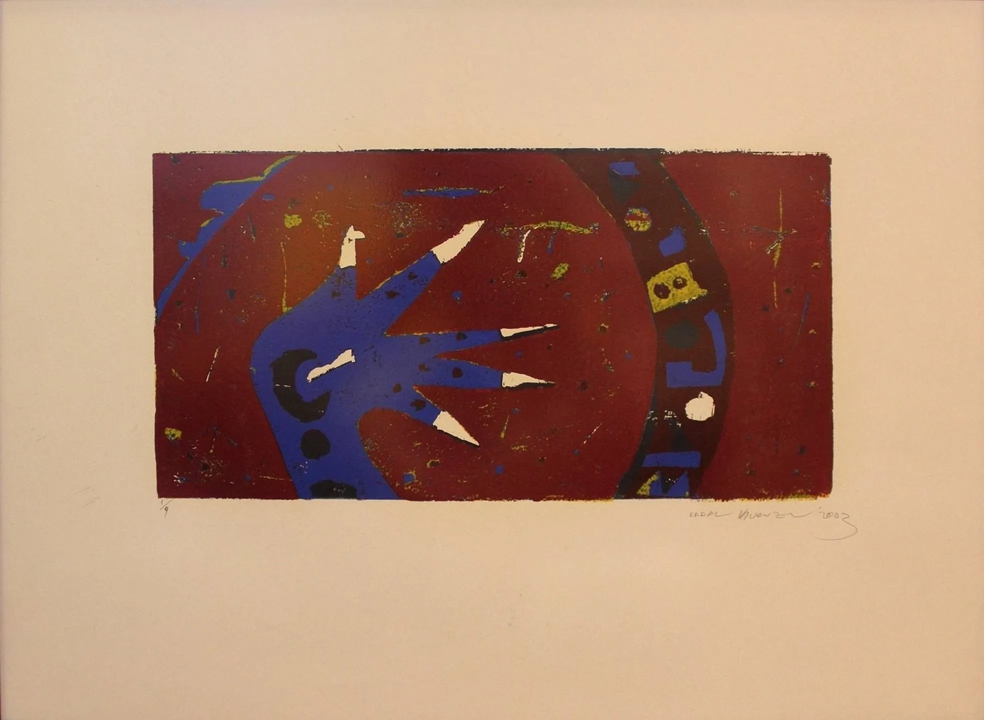 "isimsiz" eseri ERDAL KURUZU tarafından 2002 yılında 22x45 cm ölçülerinde Baskı 1//9 tekniği ile yapılmıştır.