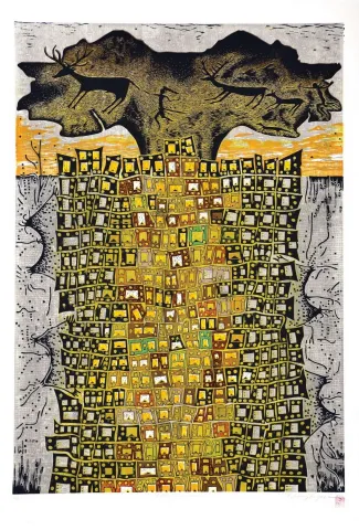 "Çatalhöyük'te Yaşam-I" eseri HASAN KIRAN tarafından 2012 yılında 120x85 cm ölçülerinde Ağaç Baskı tekniği ile yapılmıştır.