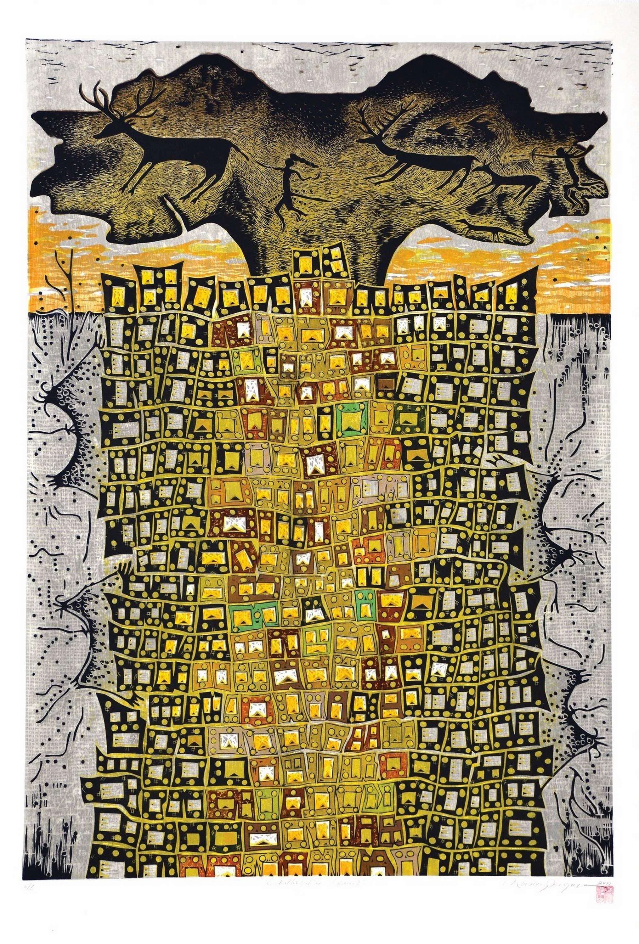 "Çatalhöyük'te Yaşam-I" eseri HASAN KIRAN tarafından 2012 yılında 120x85 cm ölçülerinde Ağaç Baskı tekniği ile yapılmıştır.