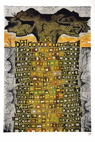 HASAN KIRAN — “Çatalhöyük'te Yaşam-I”, 2012 "Çatalhöyük'te Yaşam-I" eseri HASAN KIRAN tarafından 2012 yılında 120x85 cm ölçülerinde Ağaç Baskı tekniği ile yapılmıştır.