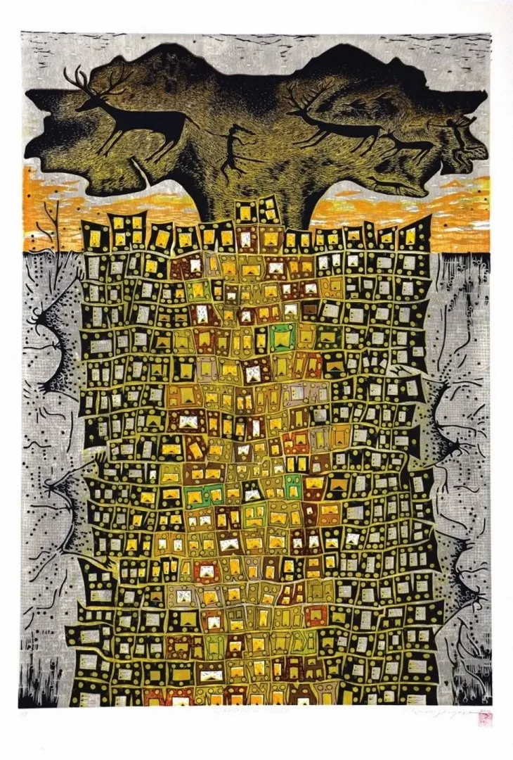 yakınlaştır "Çatalhöyük'te Yaşam-I" eseri HASAN KIRAN tarafından 2012 yılında 120x85 cm ölçülerinde Ağaç Baskı tekniği ile yapılmıştır.