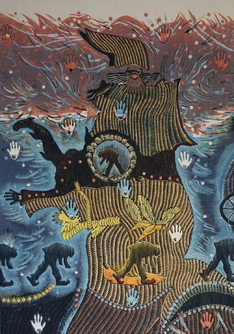 yakınlaştır "Arayış V" eseri HASAN KIRAN tarafından 2011 yılında 109x80 cm ölçülerinde Ağaç Baskı tekniği ile yapılmıştır.