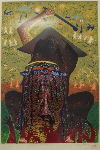 HASAN KIRAN — “Gösteri 1”, 2006 "Gösteri 1" eseri HASAN KIRAN tarafından 2006 yılında 83x56 cm ölçülerinde Ağaç Baskı tekniği ile yapılmıştır.
