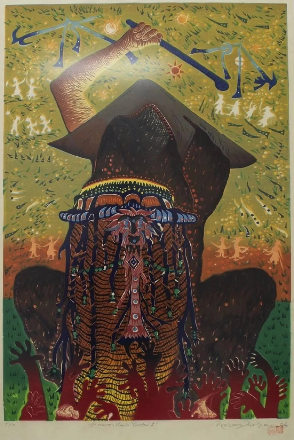 "Gösteri 1" eseri HASAN KIRAN tarafından 2006 yılında 83x56 cm ölçülerinde Ağaç Baskı tekniği ile yapılmıştır.