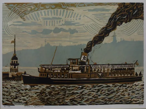 "Kocataş Vapuru" eseri ERCAN GÜLEN tarafından 2003 yılında 43x60 cm ölçülerinde Linol Baskı 16/22 tekniği ile yapılmıştır.