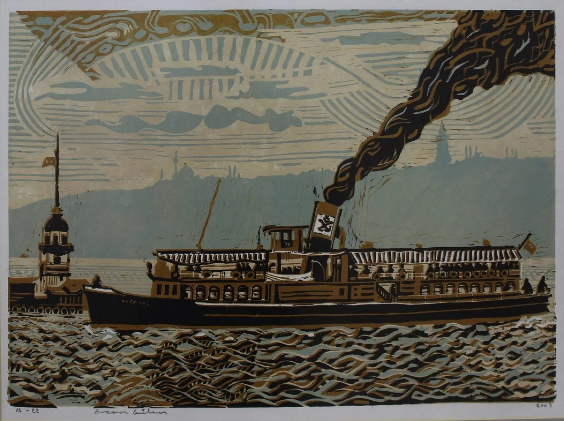 "Kocataş Vapuru" eseri ERCAN GÜLEN tarafından 2003 yılında 43x60 cm ölçülerinde Linol Baskı 16/22 tekniği ile yapılmıştır.