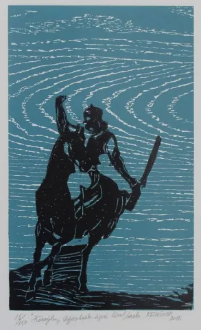 KAYIHAN KESKİNOK — “Köroğlu” "Köroğlu" eseri KAYIHAN KESKİNOK tarafından 35x21 cm ölçülerinde Ağaç Baskı 15//150 tekniği ile yapılmıştır.
