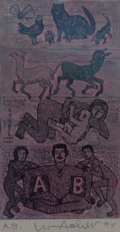 "isimsiz" eseri MUSTAFA ASLIER tarafından 1991 yılında 17x10 cm ölçülerinde Gravür A//B tekniği ile yapılmıştır.