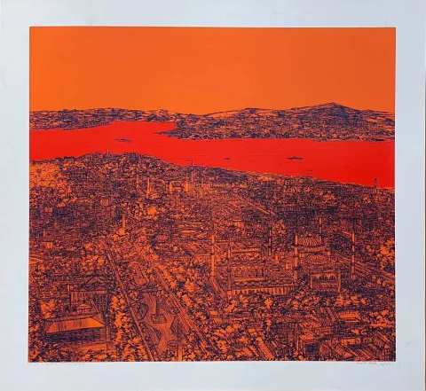 DEVRİM ERBİL — “İstanbul Sultanahmet Edisyon: 195/197”, 2013 "İstanbul Sultanahmet Edisyon: 195/197" eseri DEVRİM ERBİL tarafından 2013 yılında 70x70 cm ölçülerinde Serigrafi tekniği ile yapılmıştır.