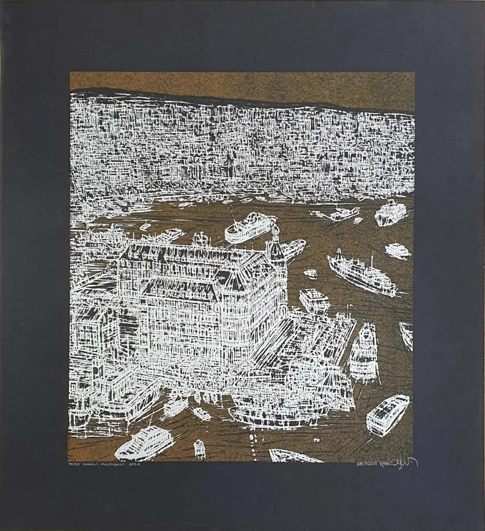 DEVRİM ERBİL — “İstanbul Haydarpaşa Edisyon:35/50”, 2011 "İstanbul Haydarpaşa Edisyon:35/50" eseri DEVRİM ERBİL tarafından 2011 yılında 100x70 cm ölçülerinde Serigrafi tekniği ile yapılmıştır.
