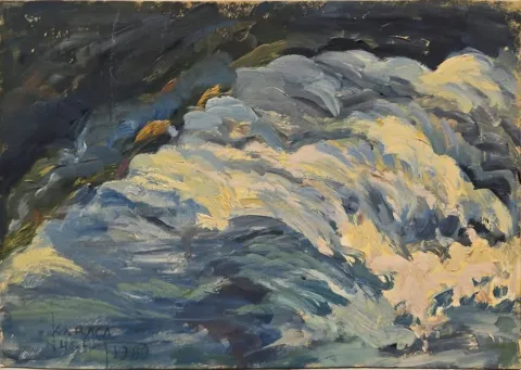 "Dalga" eseri NUSRET KARACA tarafından 1980 yılında 13x18 cm ölçülerinde Karton üzeri yağlı boya tekniği ile yapılmıştır.