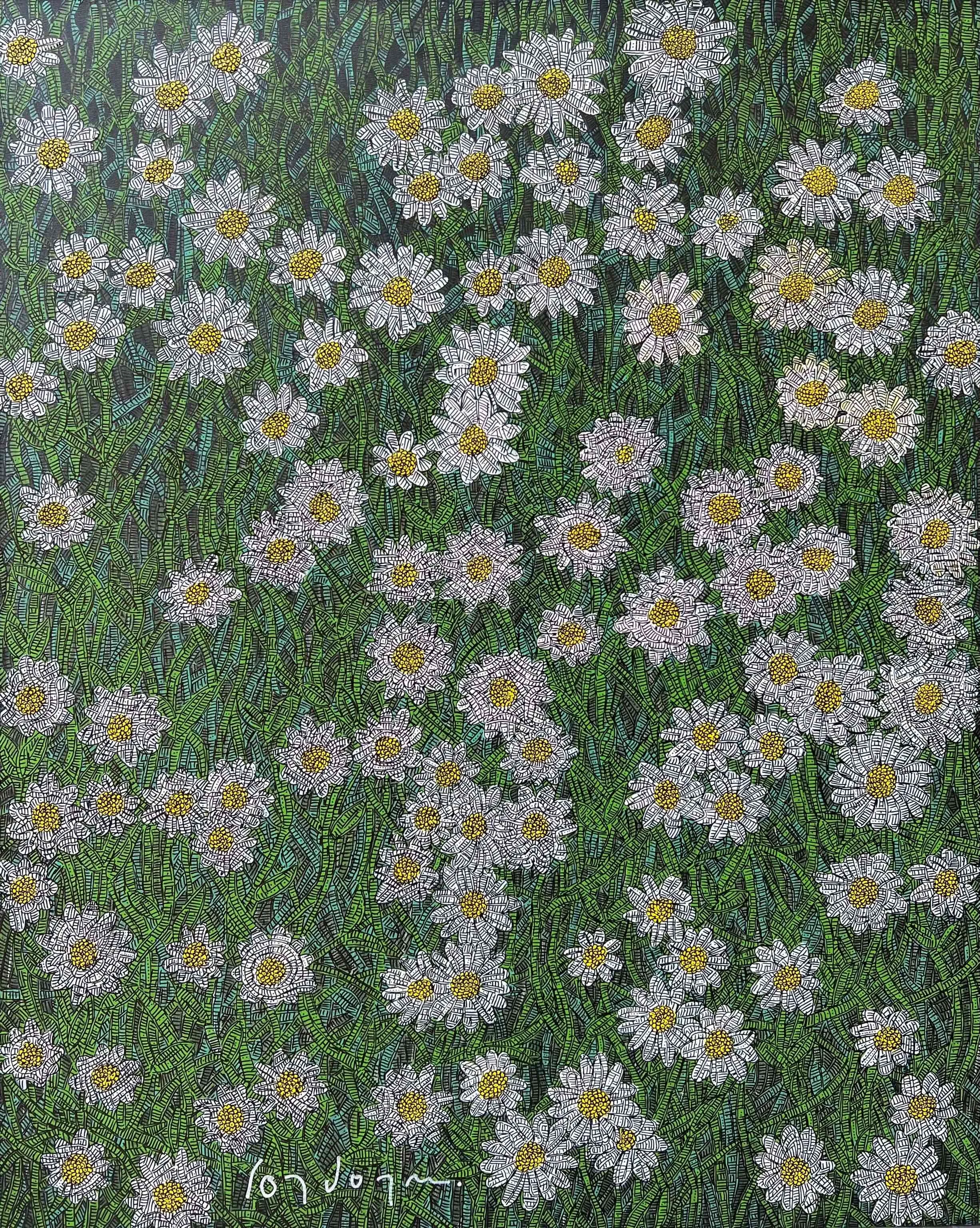 "Her güne bir papatya" eseri MURAT ÖZDOĞRU tarafından 2024 yılında 100x80 cm ölçülerinde Tuval üzeri akrilik boya tekniği ile yapılmıştır.