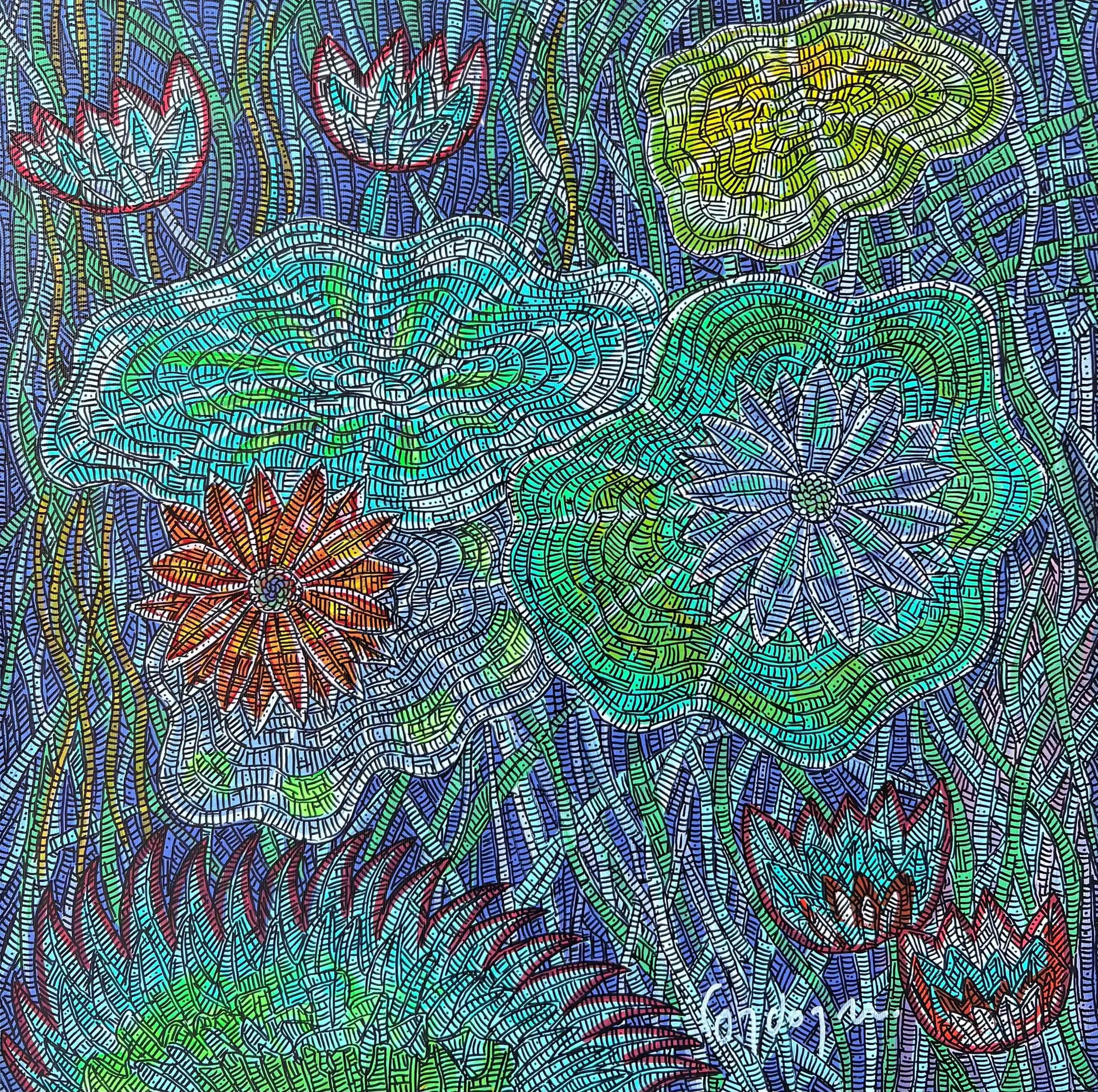"Nilüfer 6" eseri MURAT ÖZDOĞRU tarafından 2024 yılında 50x50 cm ölçülerinde Tuval üzeri akrilik boya tekniği ile yapılmıştır.