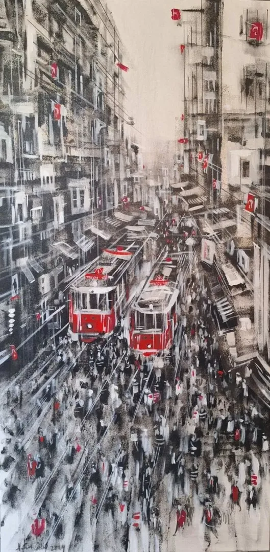 "İstiklal" eseri AYHAN ÇETİN tarafından 2024 yılında 130x65 cm ölçülerinde Tuval üzeri akrilik boya tekniği ile yapılmıştır.