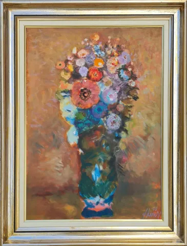"Vazoda Çiçekler" eseri DURAN KARACA tarafından 2002 yılında 55x40 cm ölçülerinde Tuval üzeri yağlı boya tekniği ile yapılmıştır.