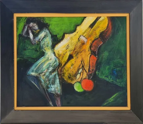 "Kadın ve Kontrabas" eseri VEDAT HAZNECİ tarafından 1998 yılında 45x55 cm ölçülerinde Tuval üzeri yağlı boya tekniği ile yapılmıştır.