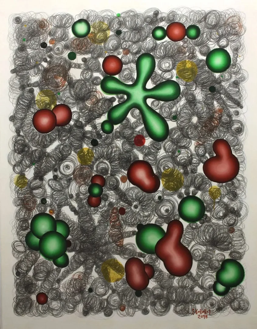 yakınlaştır "Sufi Bahçeleri" eseri ŞÜKRÜ KARAKUŞ tarafından 2019 yılında 130x100 cm ölçülerinde Tuval üzeri grafit ve akrilik boya tekniği ile yapılmıştır.