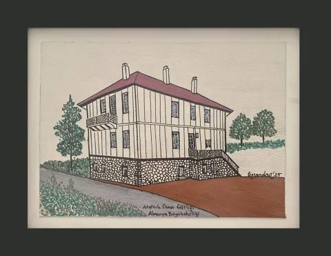 "AOÇ Eski Alman Büyükelçiliği" eseri TEZCAN KARAKUŞ CANDAN tarafından 20x28 cm ölçülerinde Deri üzeri karışık teknik tekniği ile yapılmıştır.