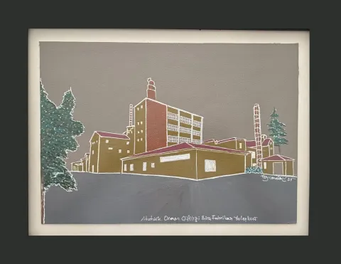 "AOÇ Bira Fabrikası Yerleşkesi" eseri TEZCAN KARAKUŞ CANDAN tarafından 24x33,5 cm ölçülerinde Deri üzeri karışık teknik tekniği ile yapılmıştır.