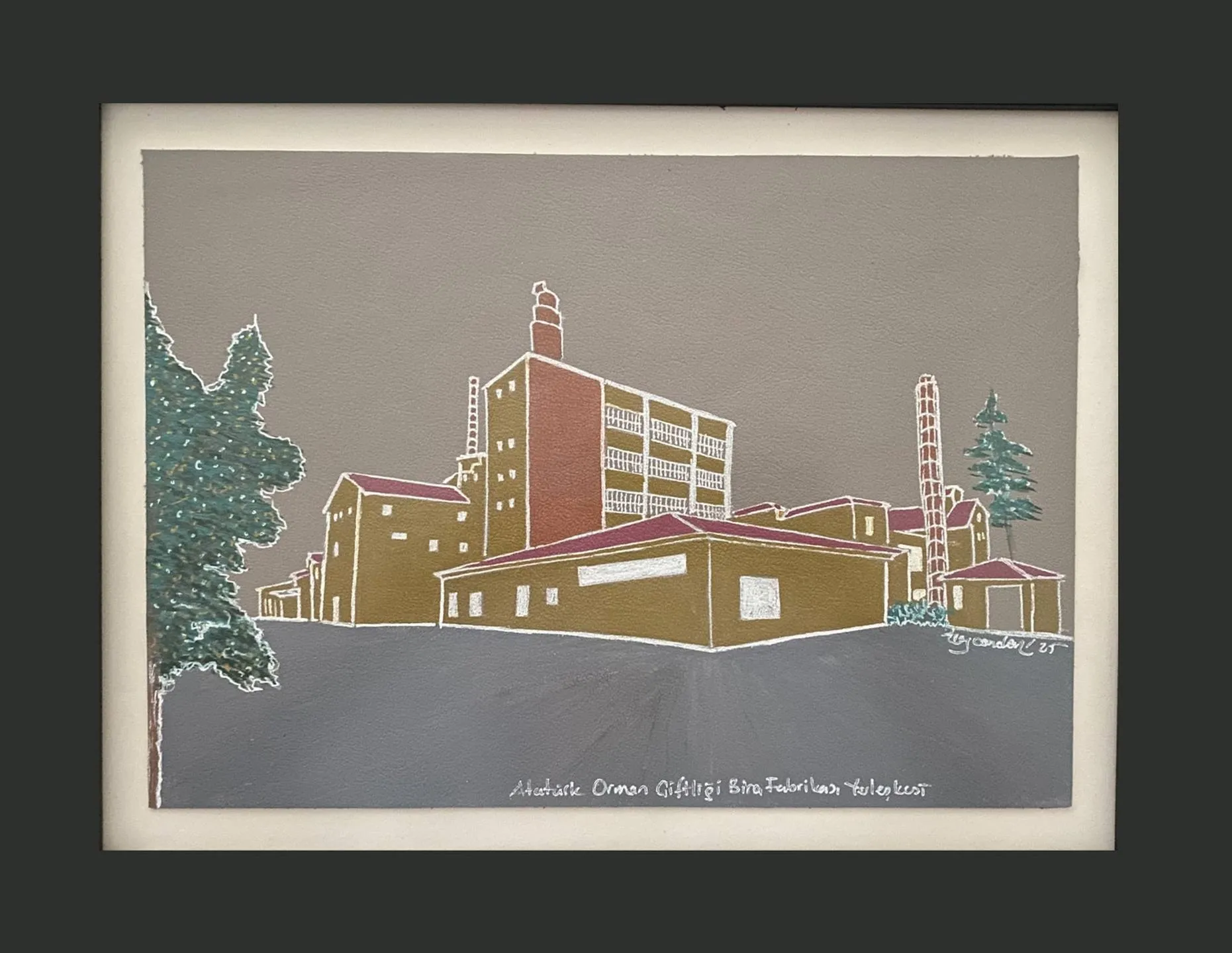 "AOÇ Bira Fabrikası Yerleşkesi" eseri TEZCAN KARAKUŞ CANDAN tarafından 24x33,5 cm ölçülerinde Deri üzeri karışık teknik tekniği ile yapılmıştır.