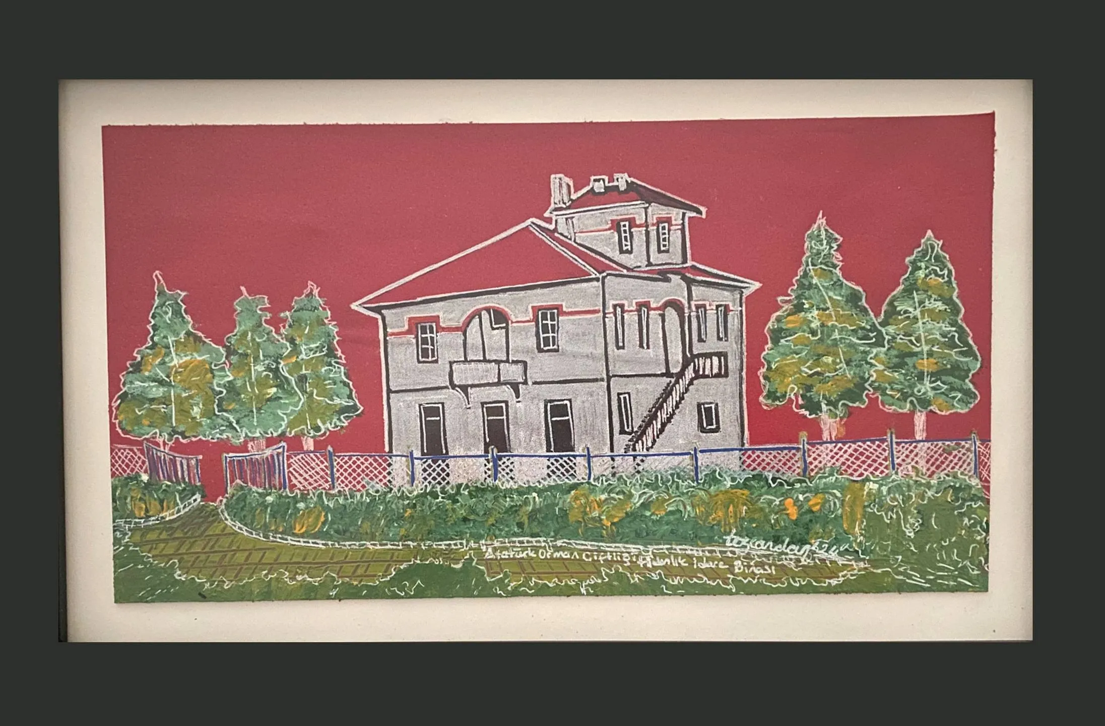 "AOÇ Fidanlık İdare Binası" eseri TEZCAN KARAKUŞ CANDAN tarafından 18x33 cm ölçülerinde Deri üzeri karışık teknik tekniği ile yapılmıştır.
