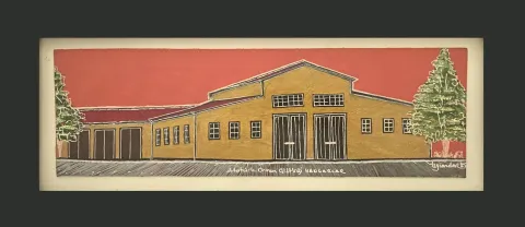 "AOÇ Hangarlar" eseri TEZCAN KARAKUŞ CANDAN tarafından 13,5x42,5 cm ölçülerinde Deri üzeri karışık teknik tekniği ile yapılmıştır.