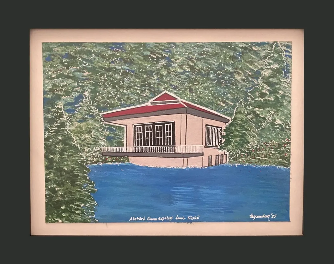 "AOÇ İzmir Köşkü" eseri TEZCAN KARAKUŞ CANDAN tarafından 22x29,5 cm ölçülerinde Deri üzeri karışık teknik tekniği ile yapılmıştır.