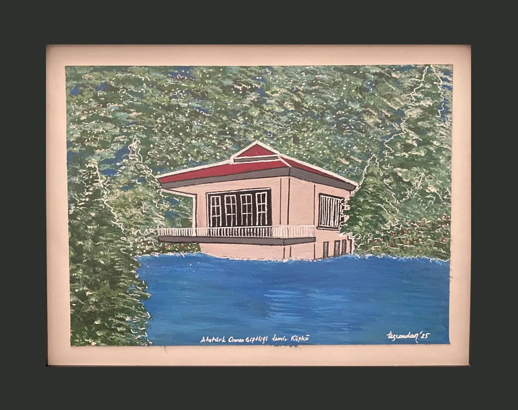 "AOÇ İzmir Köşkü" eseri TEZCAN KARAKUŞ CANDAN tarafından 22x29,5 cm ölçülerinde Deri üzeri karışık teknik tekniği ile yapılmıştır.