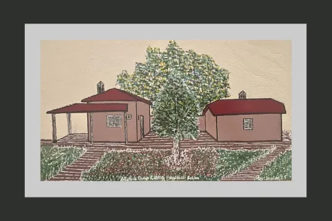 "AOÇ Koliba" eseri TEZCAN KARAKUŞ CANDAN tarafından 19x33 cm ölçülerinde Deri üzeri karışık teknik tekniği ile yapılmıştır.