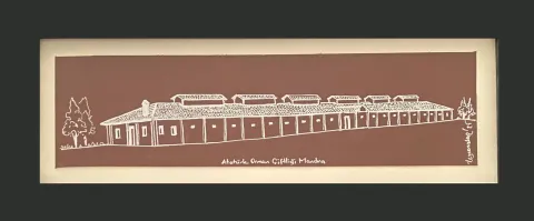 "AOÇ Mandıra" eseri TEZCAN KARAKUŞ CANDAN tarafından 10x37 cm ölçülerinde Deri üzeri karışık teknik tekniği ile yapılmıştır.