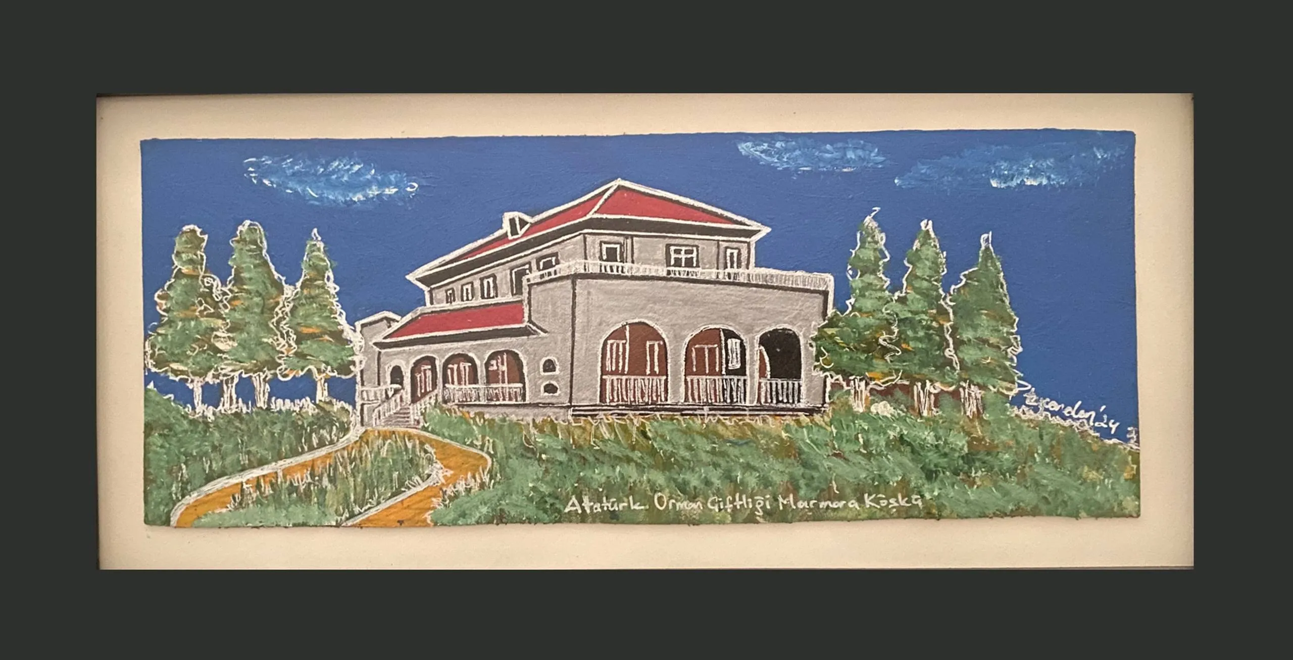 "AOÇ Marmara Köşkü 2" eseri TEZCAN KARAKUŞ CANDAN tarafından 12,5x32 cm ölçülerinde Deri üzeri karışık teknik tekniği ile yapılmıştır.
