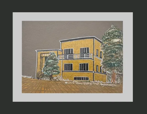 "AOÇ PTT Binası" eseri TEZCAN KARAKUŞ CANDAN tarafından 20x27 cm ölçülerinde Deri üzeri karışık teknik tekniği ile yapılmıştır.