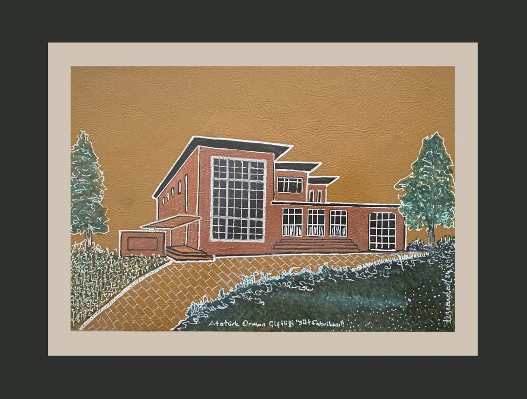 yakınlaştır "AOÇ Süt Fabrikası" eseri TEZCAN KARAKUŞ CANDAN tarafından 24,5x35 cm ölçülerinde Deri üzeri karışık teknik tekniği ile yapılmıştır.