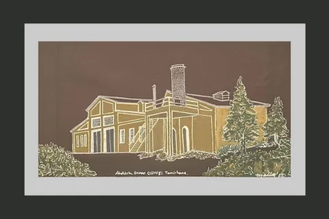 "AOÇ Tamirhane" eseri TEZCAN KARAKUŞ CANDAN tarafından 22x40 cm ölçülerinde Deri üzeri karışık teknik tekniği ile yapılmıştır.